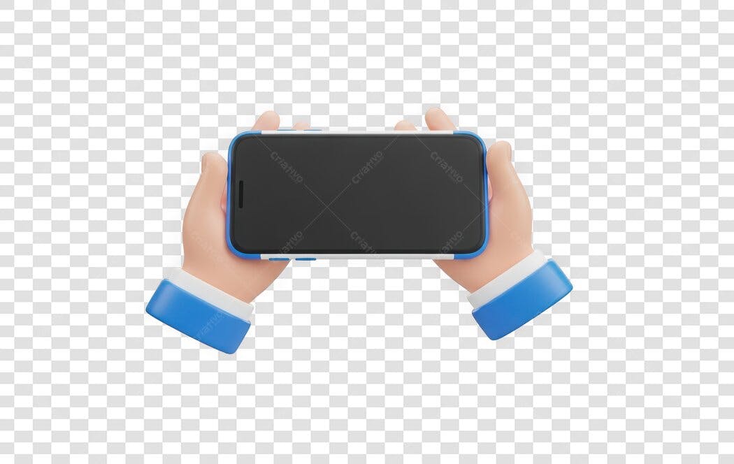 Elemento 3D Mãos Segurando Celular Horizontal PNG Fundo Transparente