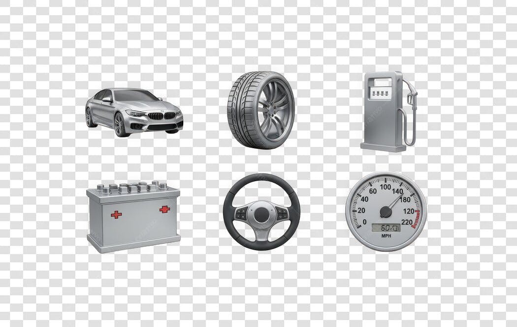Elemento 3D Peças Automotivas Carro Pneu Bateria PNG Fundo Transparente