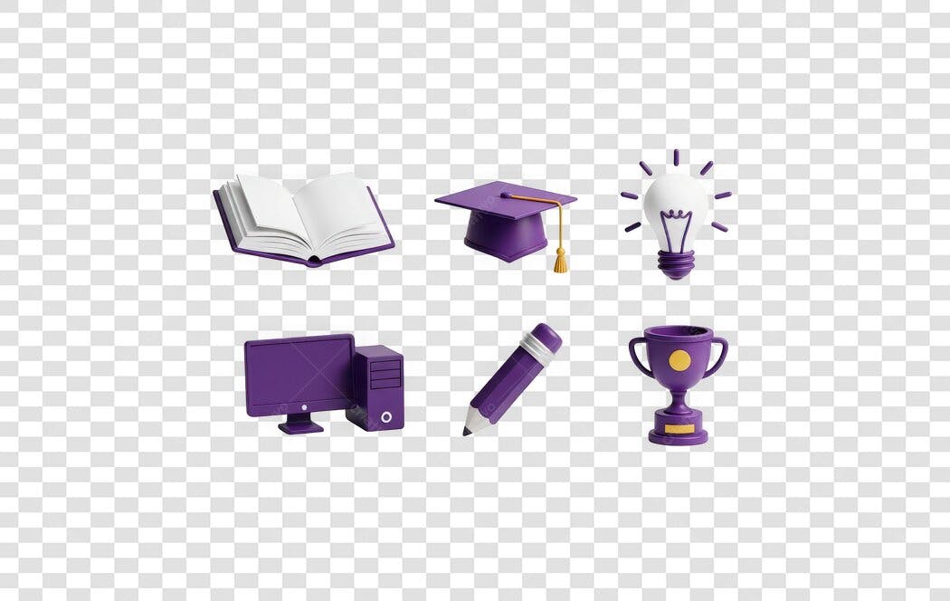 Elementos 3D Educação Roxo e Branco PNG Fundo Transparente