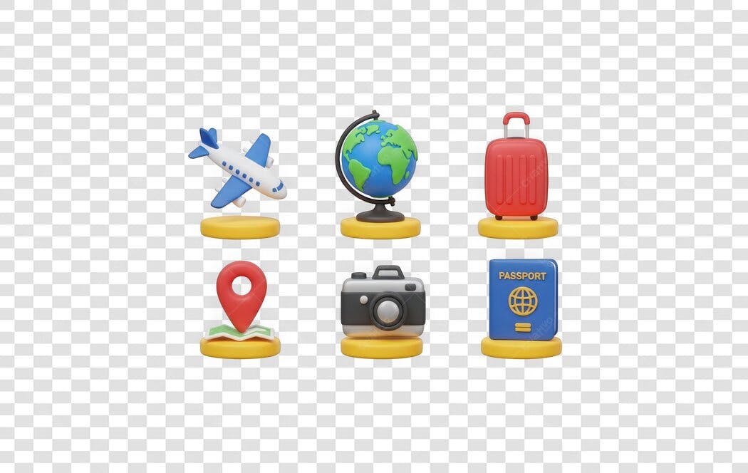 Elementos 3D Viagem Férias Avião Maleta Passaporte PNG Fundo Transparente