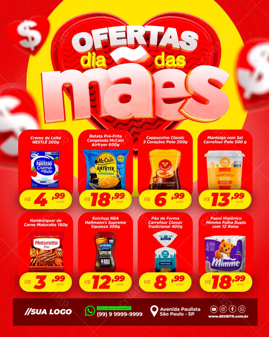 Ofertas Dia das Mães Produtos de Mercado Folheto Promocional PSD Editável