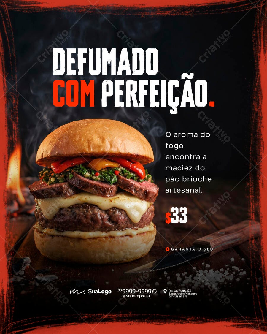 Flyer Hamburgueria Defumado Artesanal PSD Editável