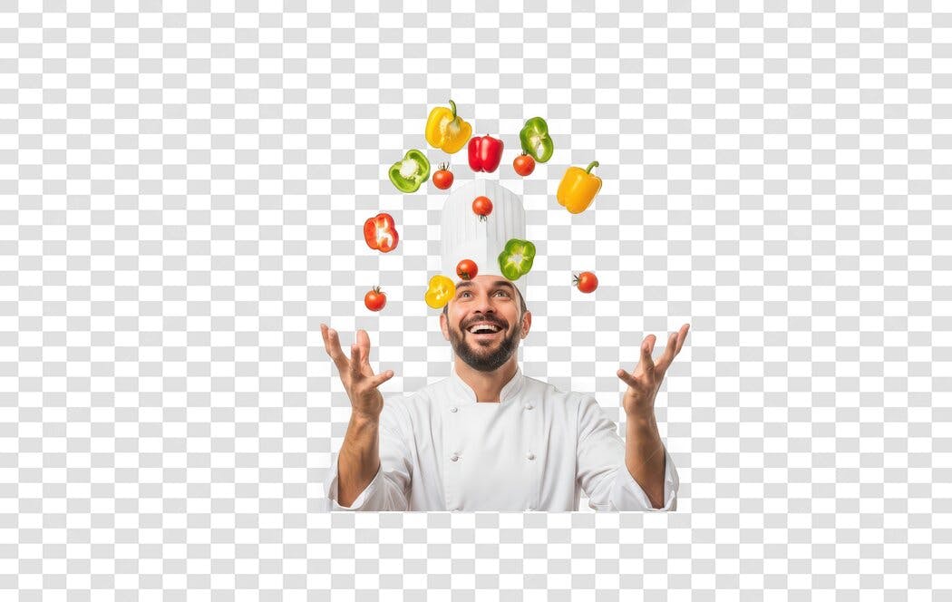 Foto Recortada Chef Homem Jogando Legumes PNG Fundo Transparente