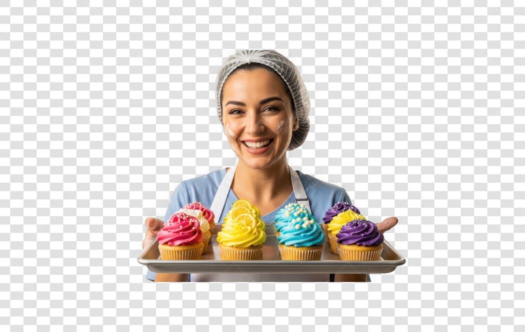 Foto Recortada Confeiteira Sorrindo Cupcakes PNG Fundo Transparente