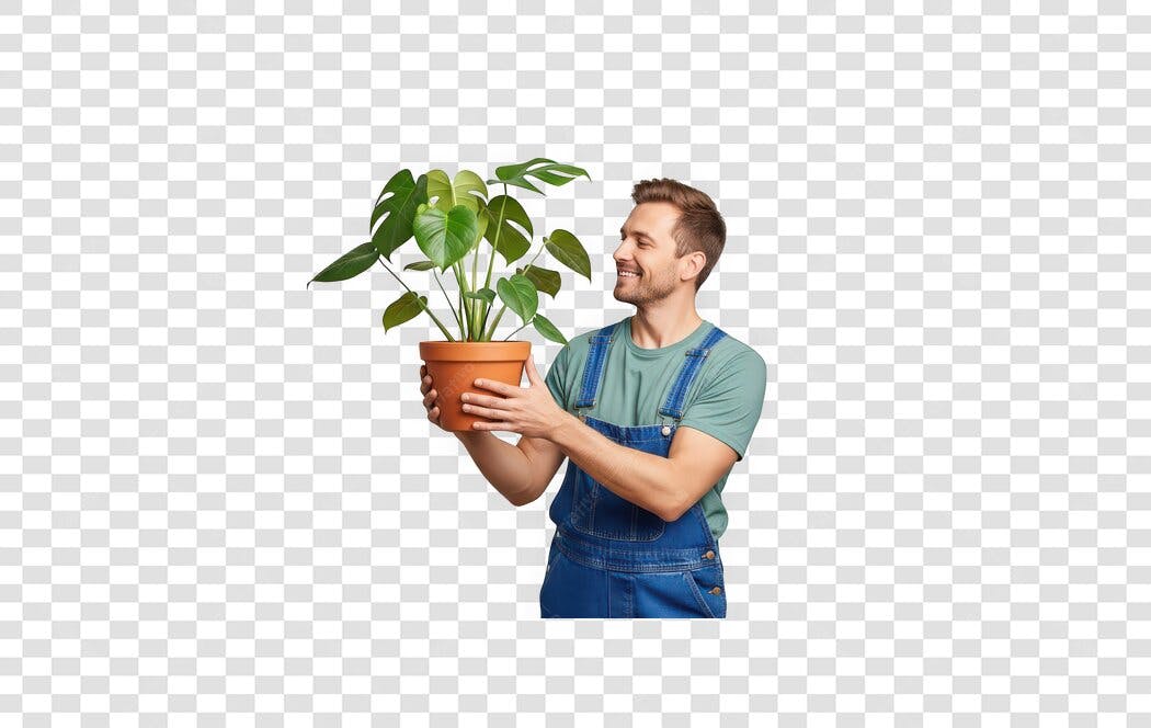 Foto Recortada Homem Jovem Segurando Planta Vaso PNG Fundo Transparente