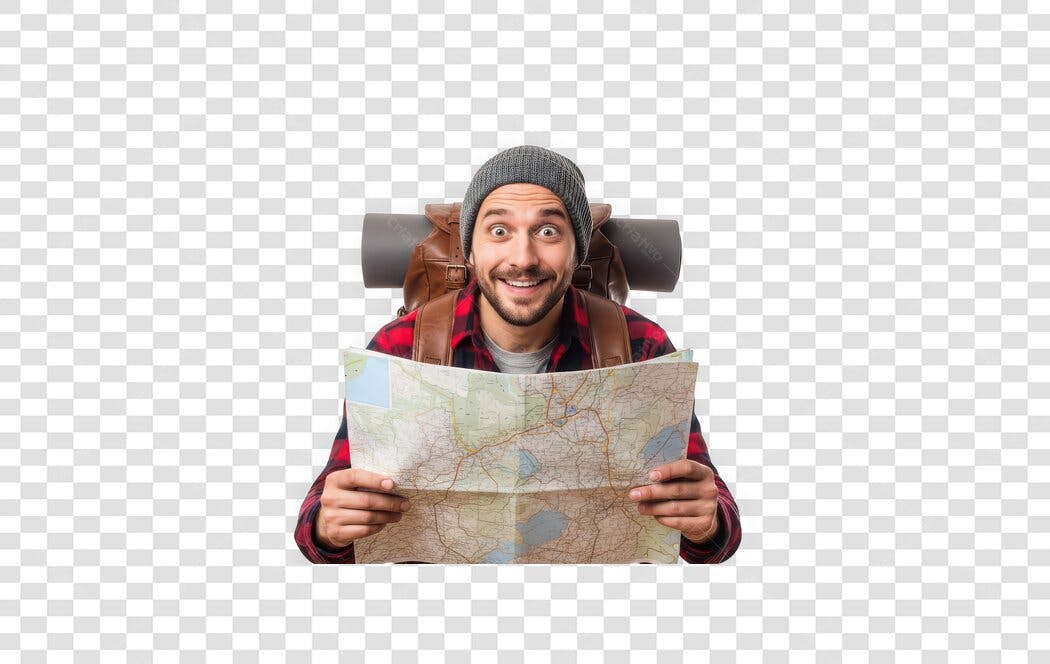Foto Recortada Homem Mochileiro Mapa Surpreso PNG Fundo Transparente
