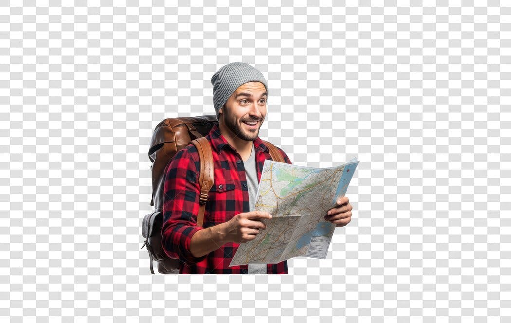 Foto Recortada Homem Mochileiro Mapa Viagem PNG Fundo Transparente