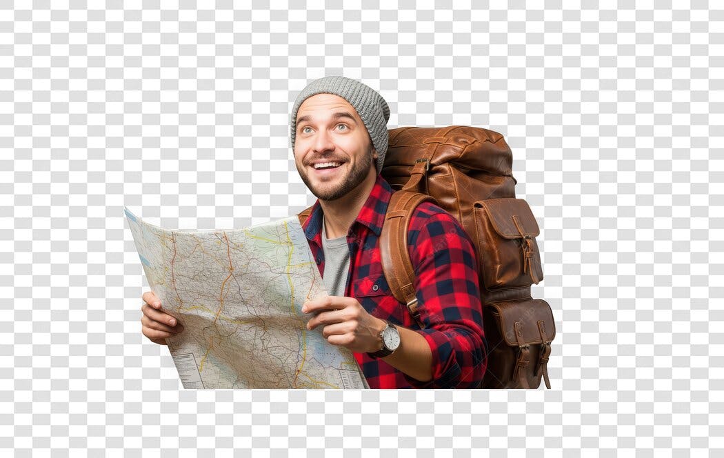 Foto Recortada Homem Mochileiro Mapa Viagem PNG Fundo Transparente