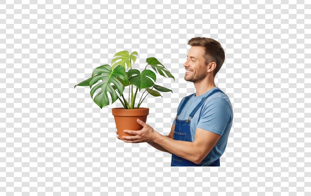 Foto Recortada Homem Sorrindo Planta Costela de Adão PNG Fundo Transparente