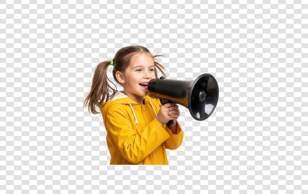Foto Recortada Menina Casaco Amarelo Megafone PNG Fundo Transparente