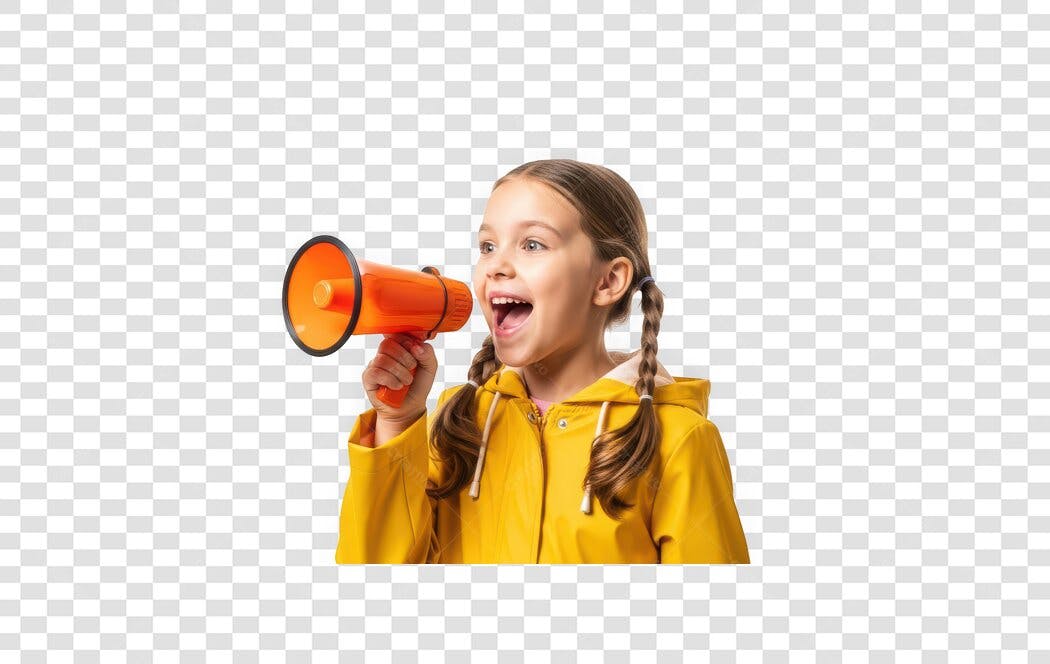 Foto Recortada Menina Megafone Amarelo Anúncio PNG Fundo Transparente