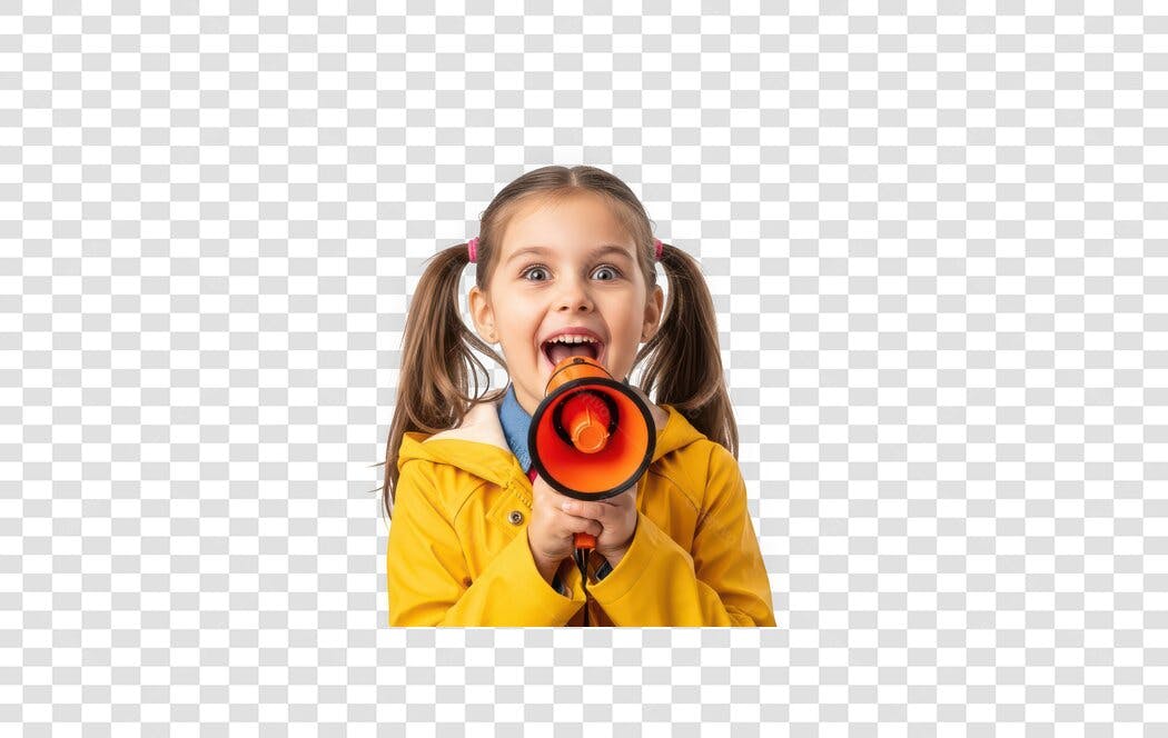 Foto Recortada Menina Megafone Amarelo PNG Fundo Transparente