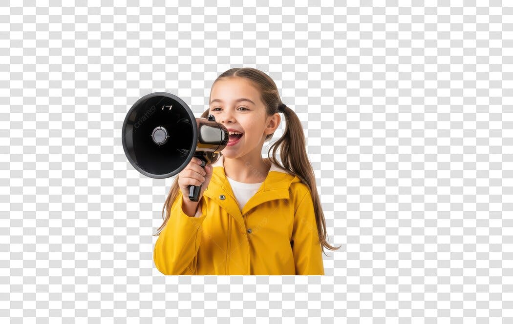 Foto Recortada Menina Megafone Amarelo PNG Fundo Transparente
