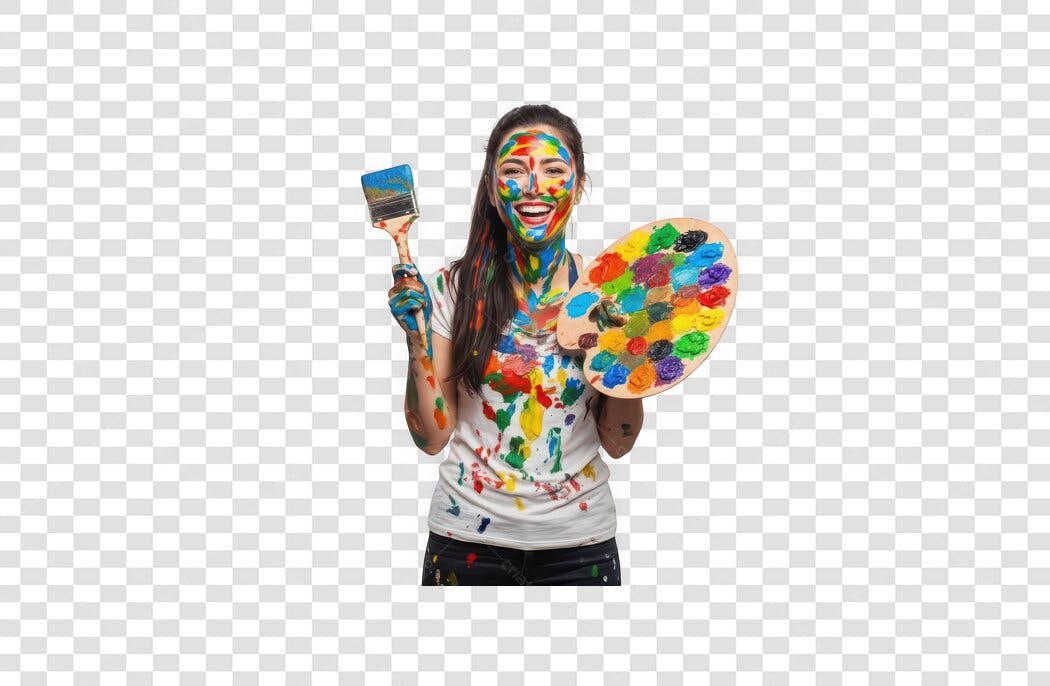 Foto Recortada Mulher Artista Pintada Pincel Paleta PNG Fundo Transparente