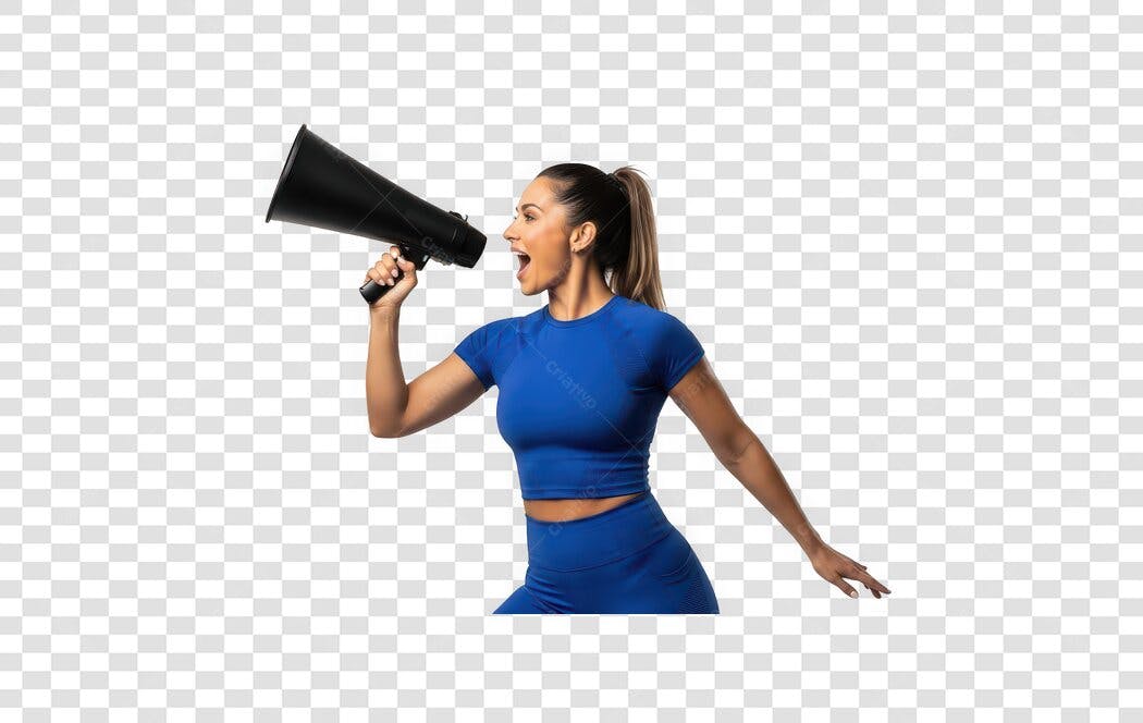 Foto Recortada Mulher Fitness Megafone Azul PNG Fundo Transparente