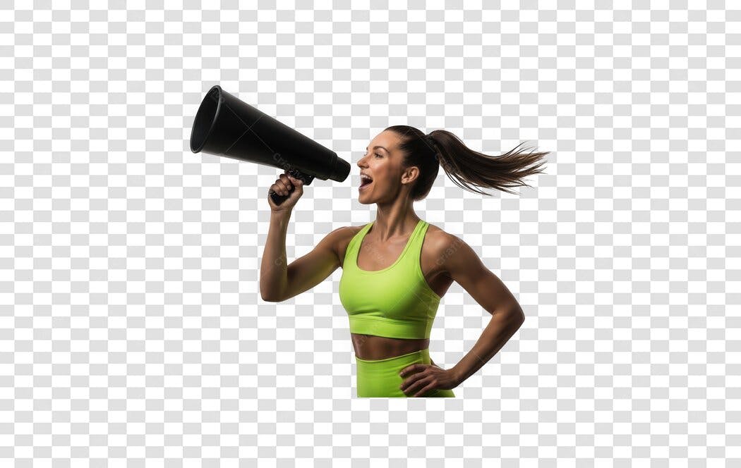 Foto Recortada Mulher Fitness Megafone Verde PNG Fundo Transparente