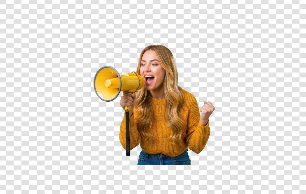 Foto Recortada Mulher Loira Gritando Megafone PNG Fundo Transparente