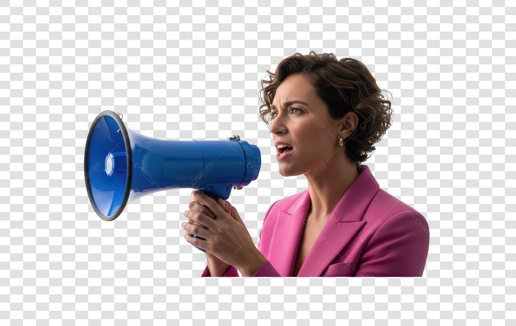 Foto Recortada Mulher Megafone Azul Anúncio PNG Fundo Transparente