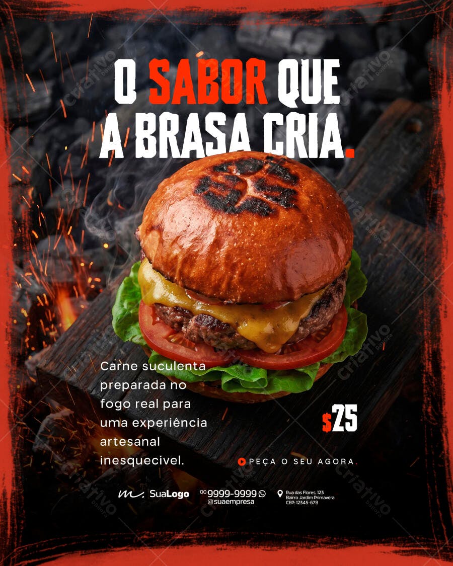 Post Instagram Hamburgueria Brasa Artesanal PSD Editável