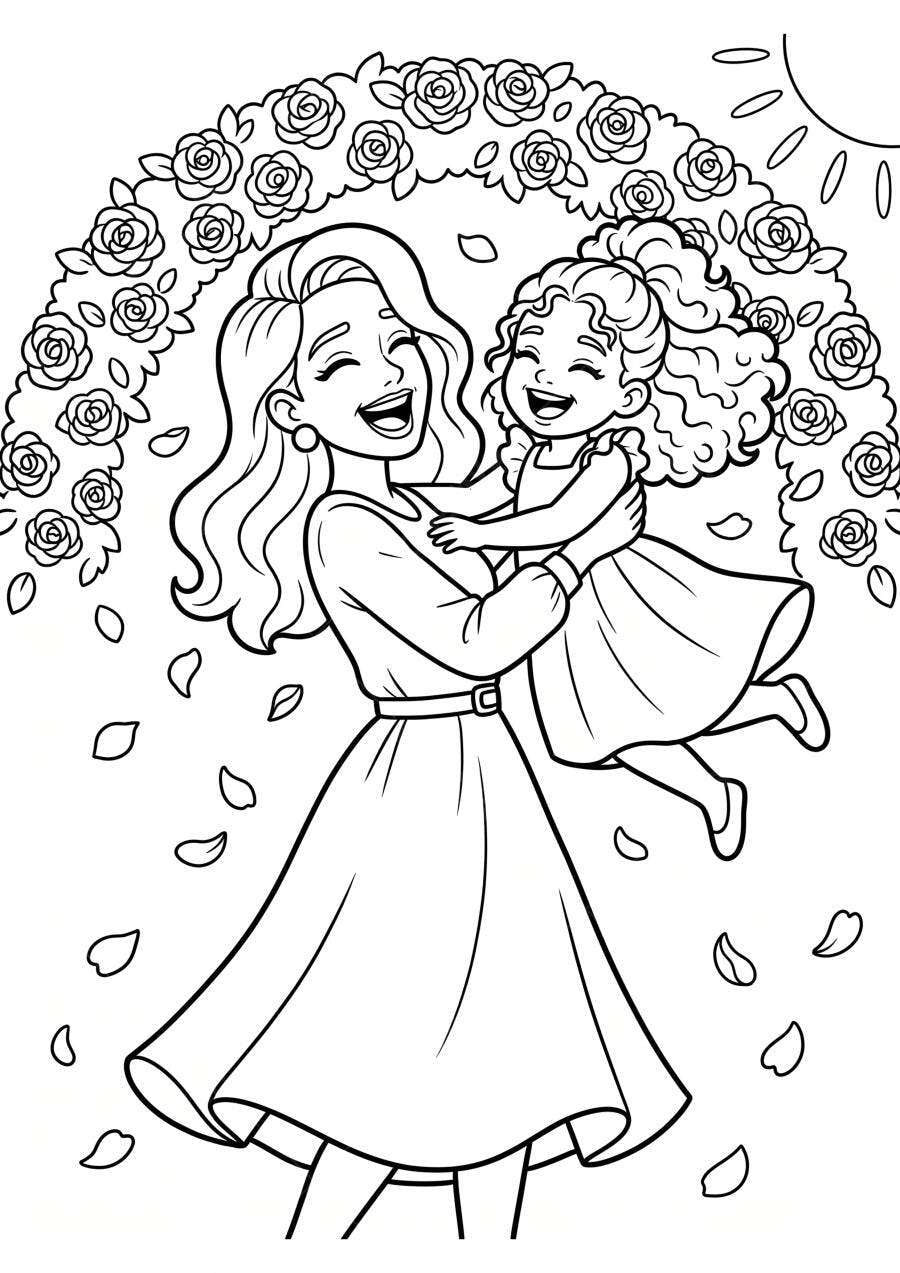 Desenho Mãe e Filha Abraçadas Dia das Mães Rosas
