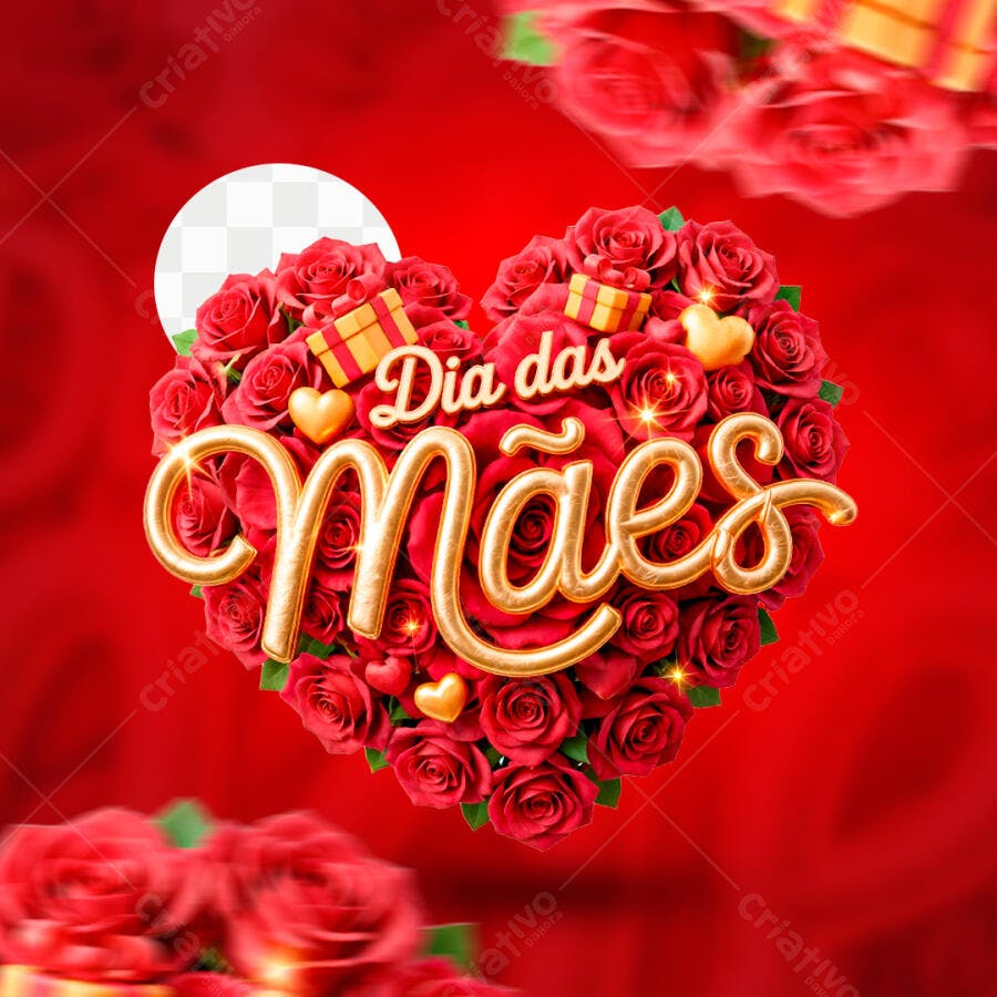 Dia das Mães Coração de Rosas Vermelhas Letras Douradas 3D