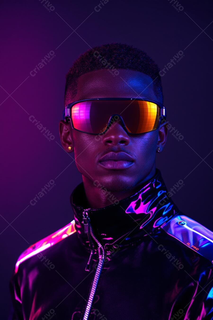 Foto Homem Negro Óculos Esportivos Neon Roxo Estilo Cyberpunk