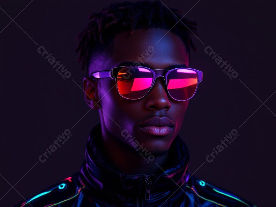 Foto Homem Negro Óculos Neon Estilo Cyberpunk Retrato Escuro