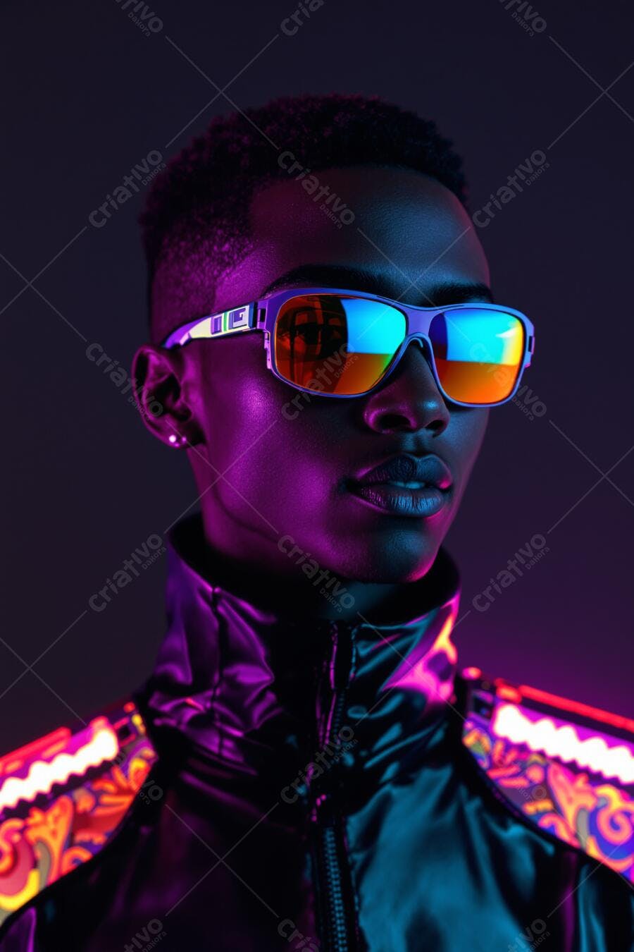 Foto Homem Negro Óculos Neon Luzes Roxo Azul Estilo Cyberpunk