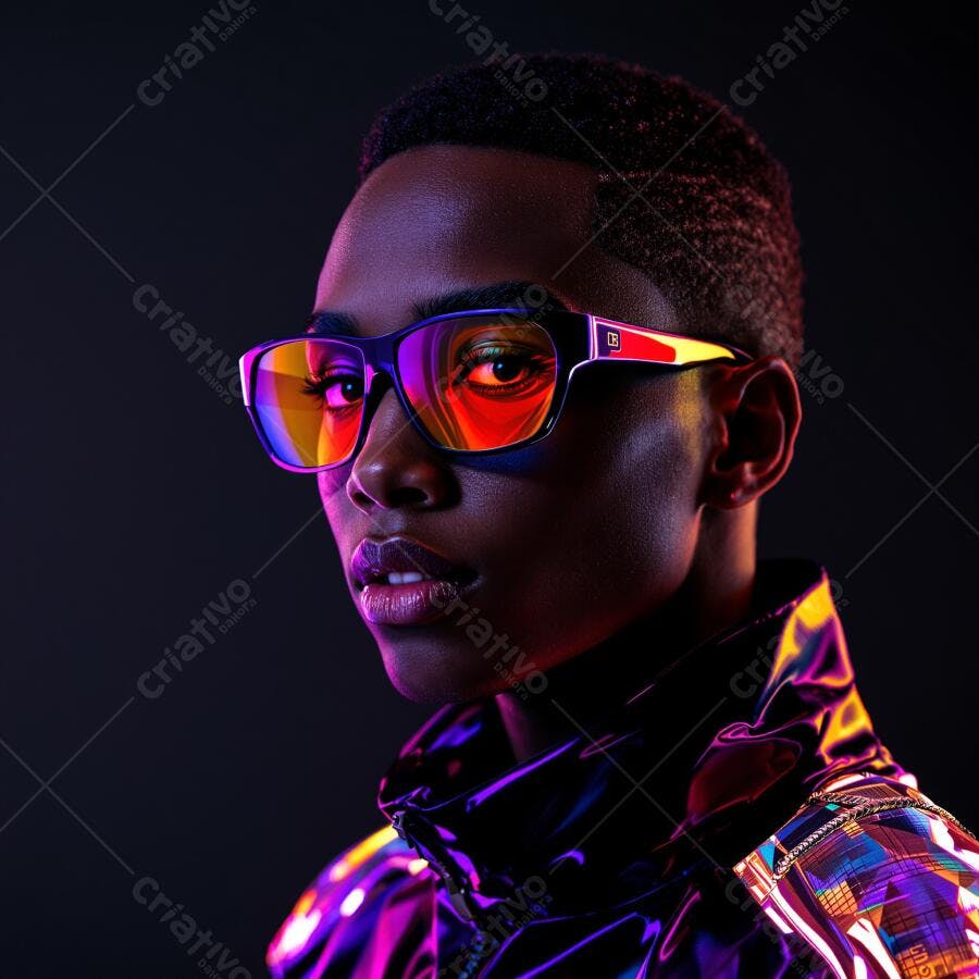 Foto Jovem Negro Óculos Neon Estilo Cyberpunk Retrato