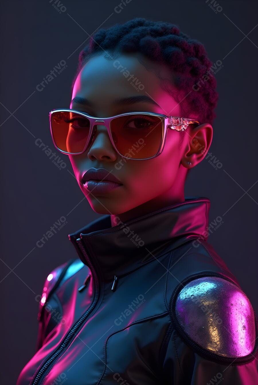 Foto Mulher Negra Óculos Escuros Jaqueta Neon Cyberpunk