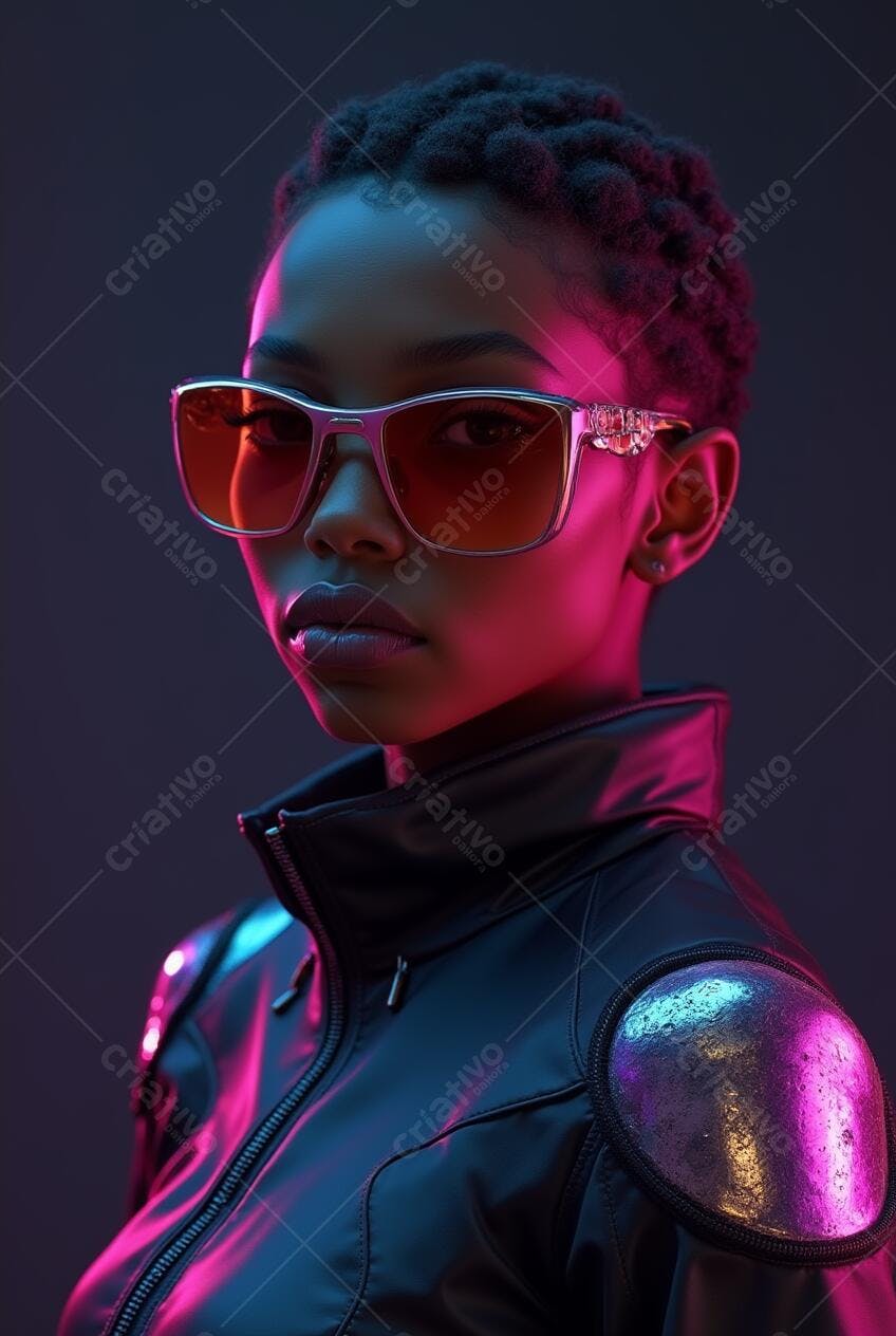 Foto Mulher Negra Óculos Escuros Neon Estilo Cyberpunk