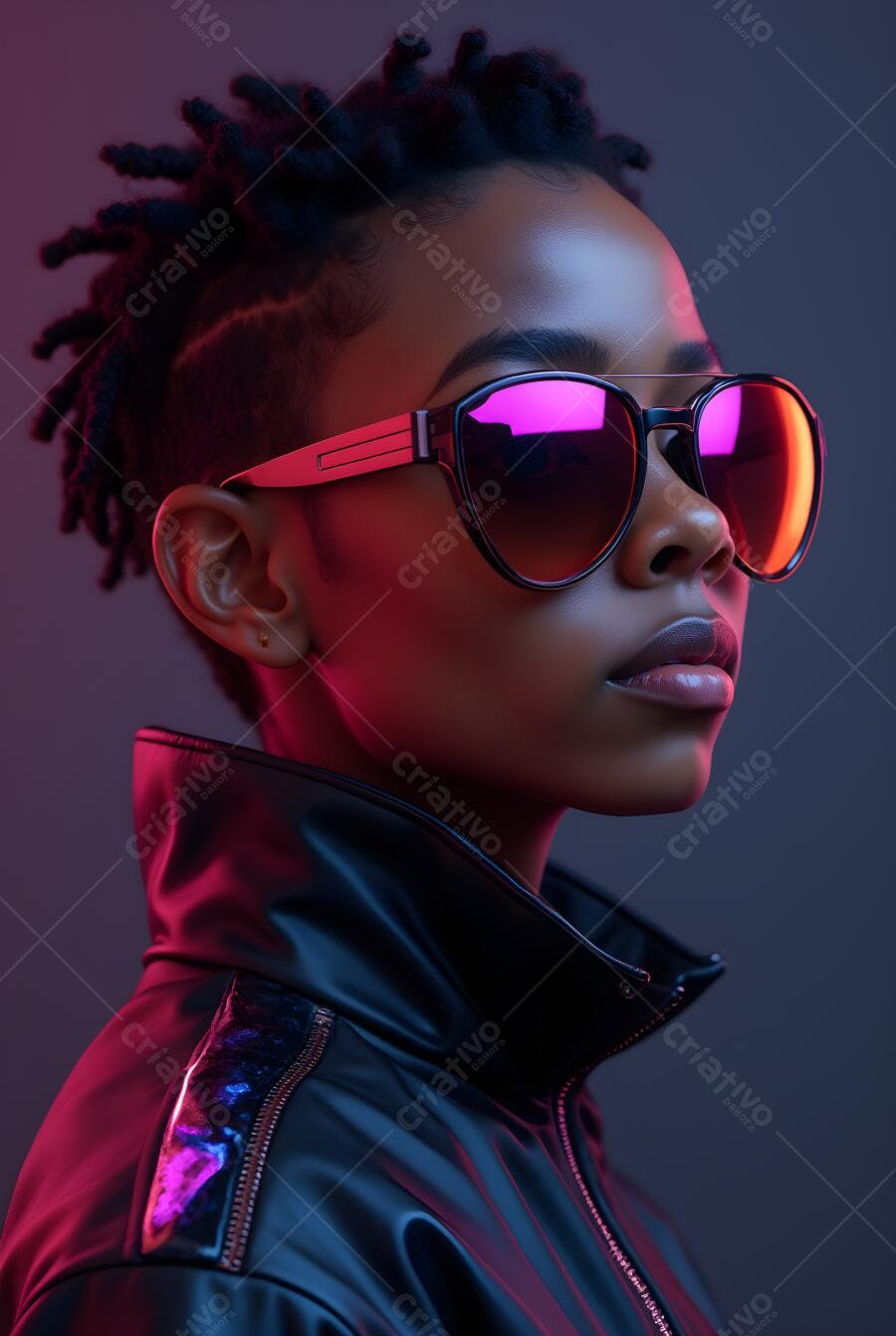 Foto Mulher Negra Óculos Escuros Neon Estilo Urbano