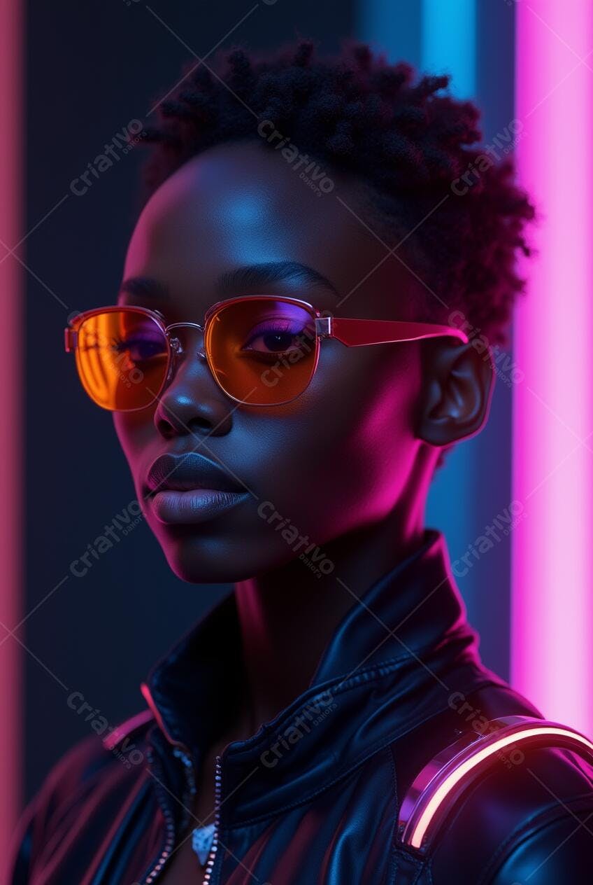 Foto Mulher Negra Óculos Neon Luzes Azuis Rosas Retrato
