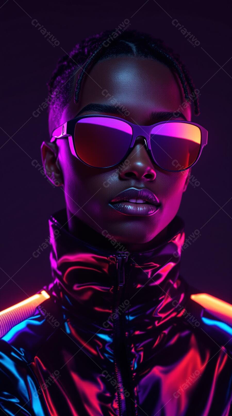 Foto Mulher Negra Óculos Neon Luzes Roxas e Azuis Estilo Cyberpunk