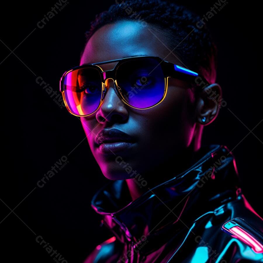 Foto Retrato Mulher Negra Óculos Neon Luzes Roxas Azuis