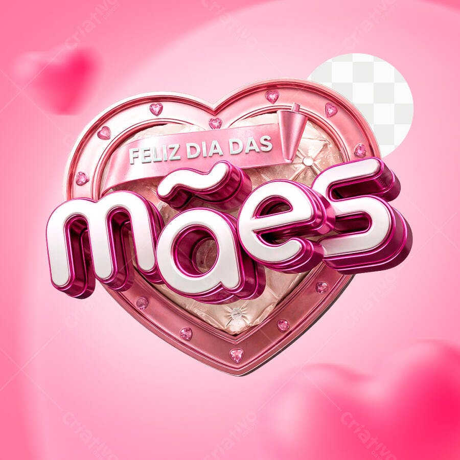 Selo 3D Dia das Mães Coração Rosa Metálico PNG Transparente