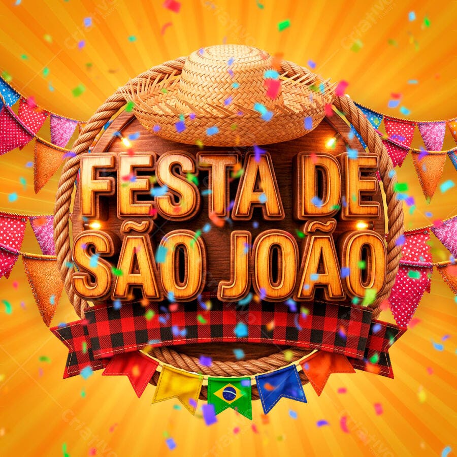 Selo 3D Festa de São João Chapéu Palha e Bandeirinhas