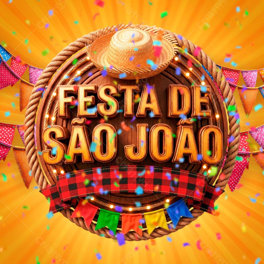 Selo 3D Festa de São João Junina Dourado Textura Madeira