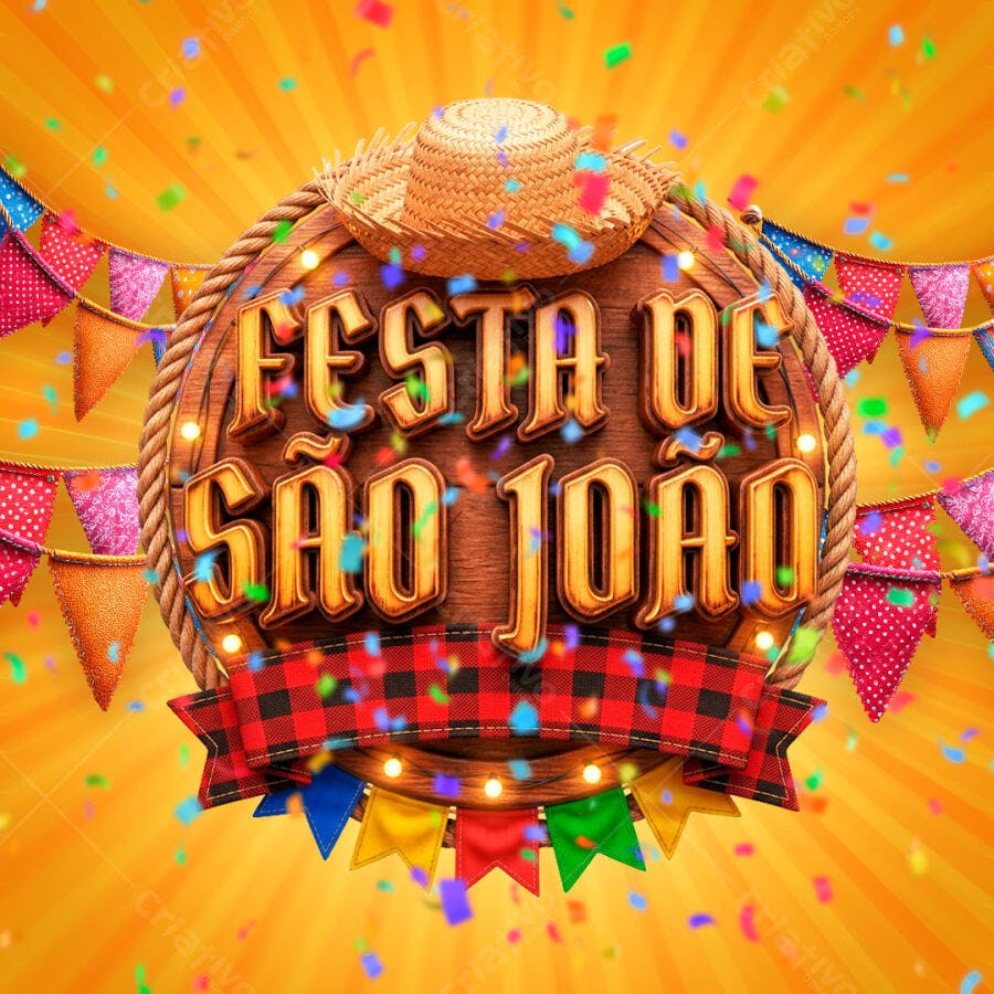 Selo 3D Festa de São João Junina Madeira e Palha PNG