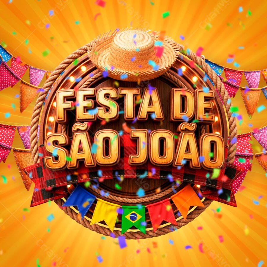 Selo 3D Festa de São João Junina Metalizado Dourado PNG Transparente