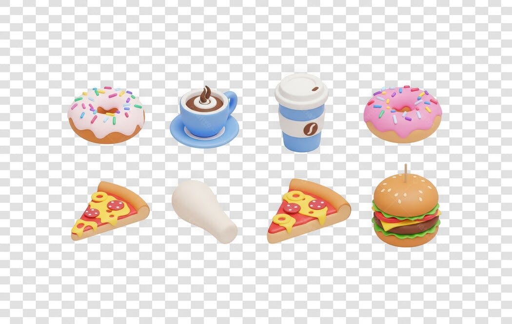 Elemento 3D Comida Fast Food Donuts Café Pizza Hambúrguer PNG Fundo Transparente