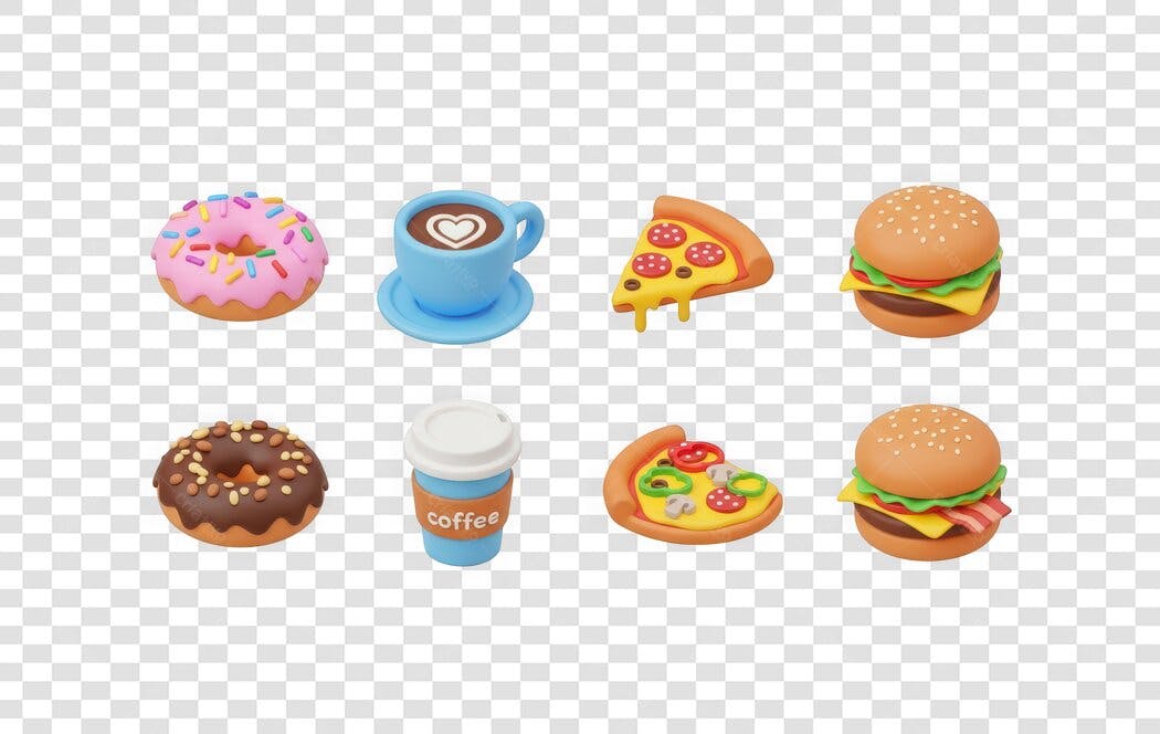 Elemento 3D Comida Fast Food Donuts Pizza Hambúrguer PNG Fundo Transparente