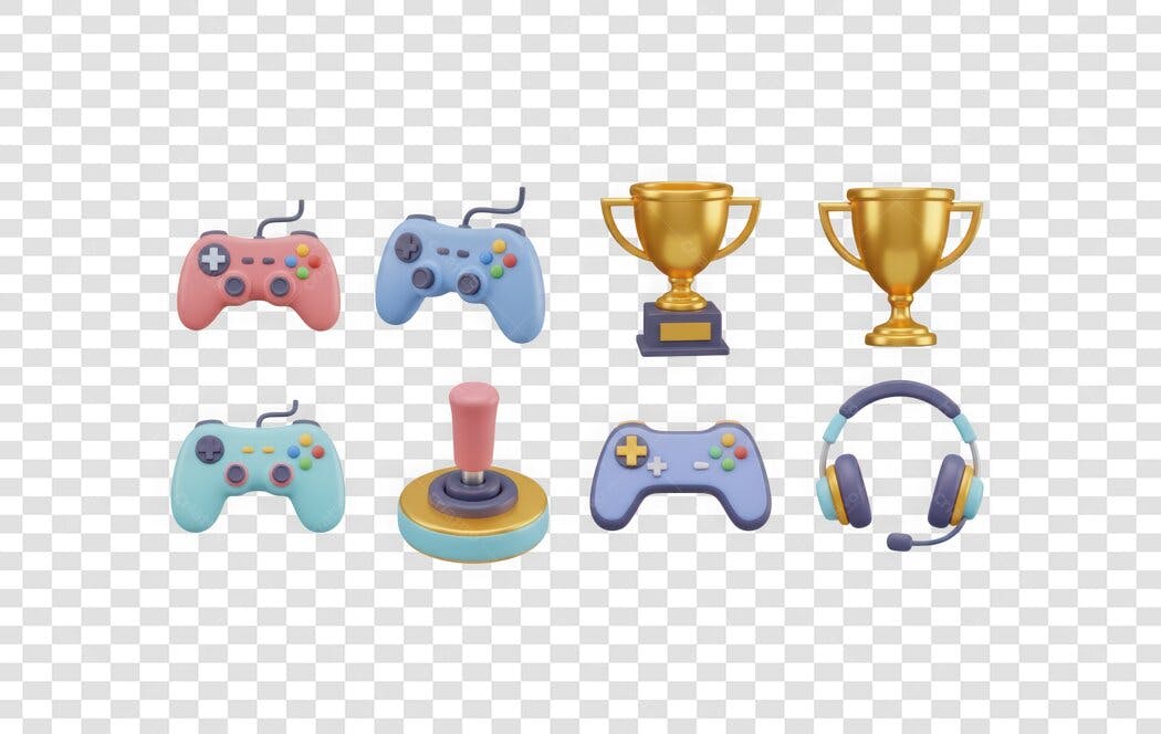 Elemento 3D Controles Jogos Troféus Fone PNG Fundo Transparente