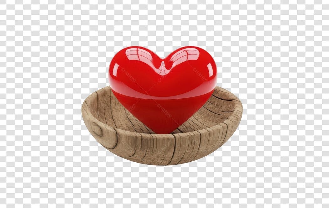Elemento 3D Coração Vermelho Tigela Madeira PNG Fundo Transparente