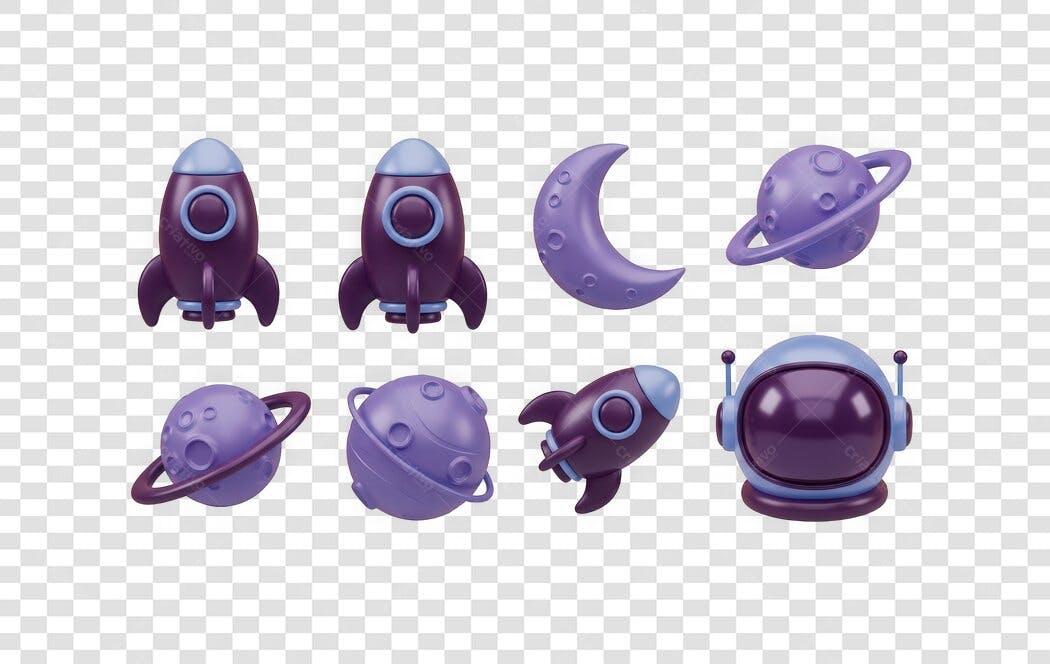 Elemento 3D Espaço Foguete Planeta Lua Roxo PNG Fundo Transparente