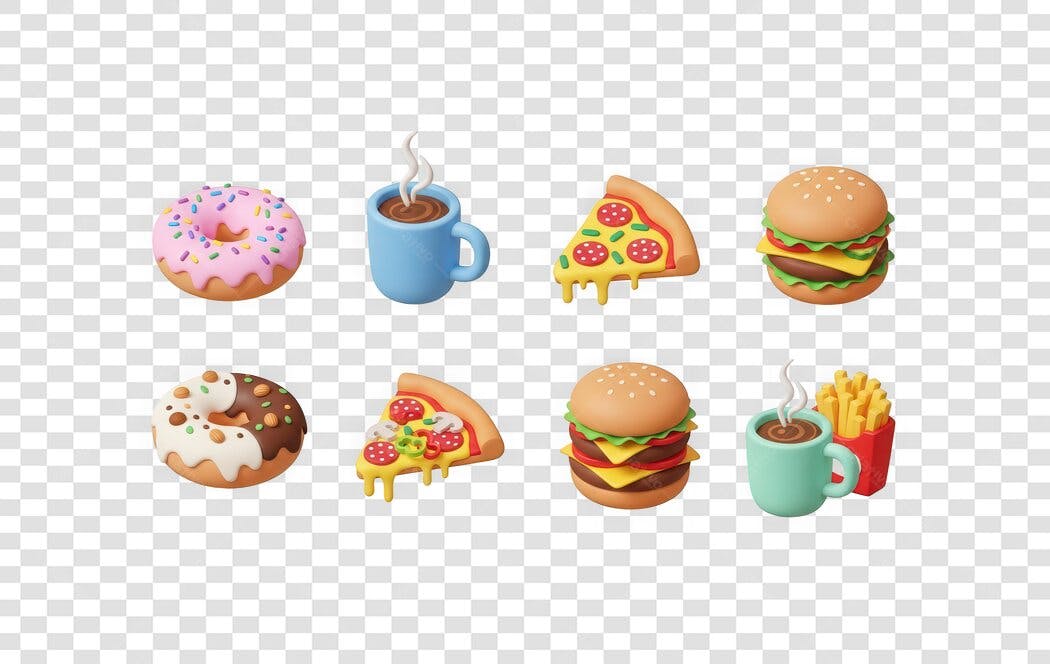 Elemento 3D Fast Food Hambúrguer Pizza Donut PNG Fundo Transparente