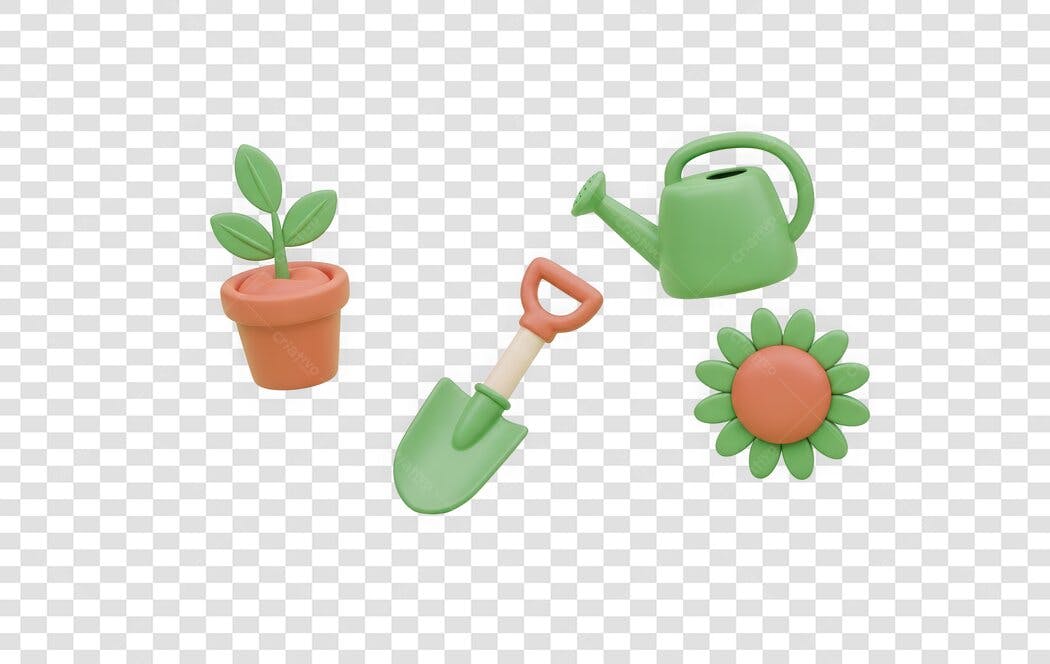 Elemento 3D Ferramentas Jardinagem Vaso Planta PNG Fundo Transparente