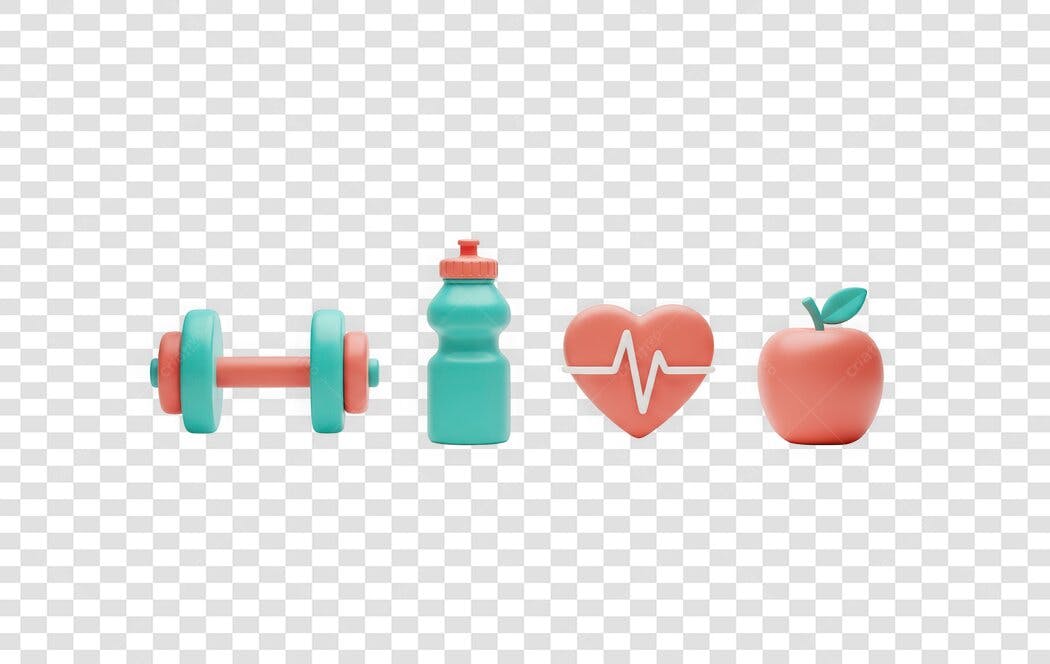 Elemento 3D Fitness Academia Haltere Garrafa Coração Maçã PNG Fundo Transparente