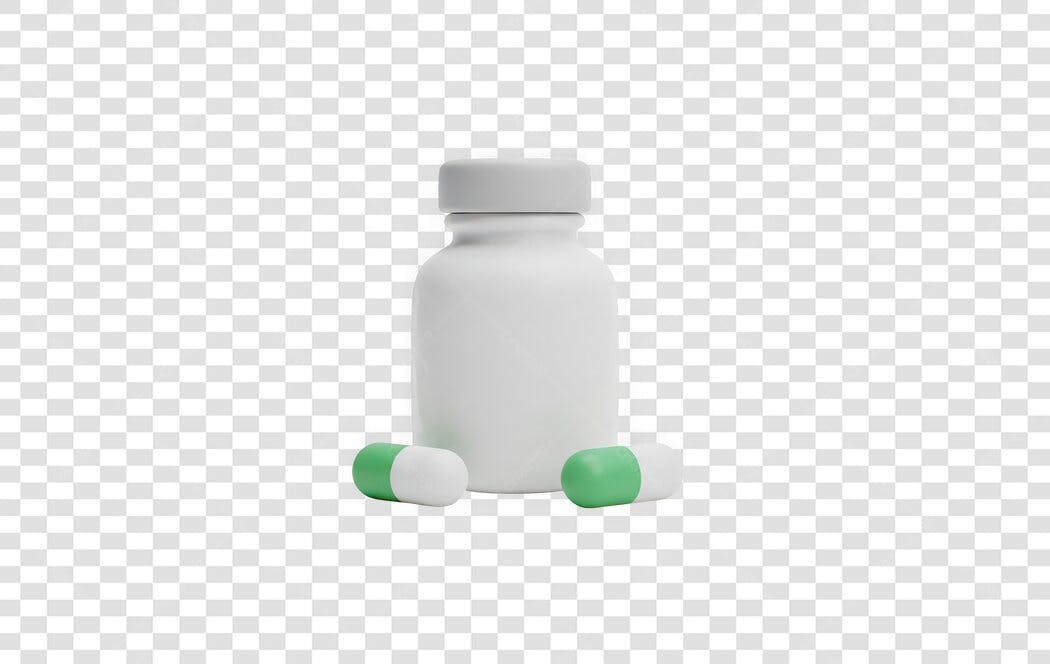 Elemento 3D Frasco Remédio Cápsulas Brancas Verdes PNG Fundo Transparente