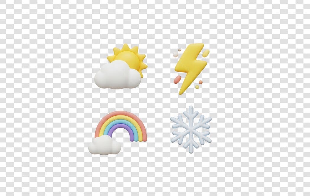 Elemento 3D Ícones Clima Tempo Ensolarado Chuva Neve PNG Fundo Transparente